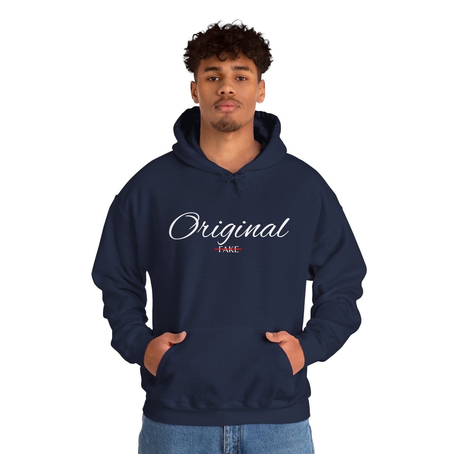 Hoodie — "Original" Script Design with Red "Fake" Accent