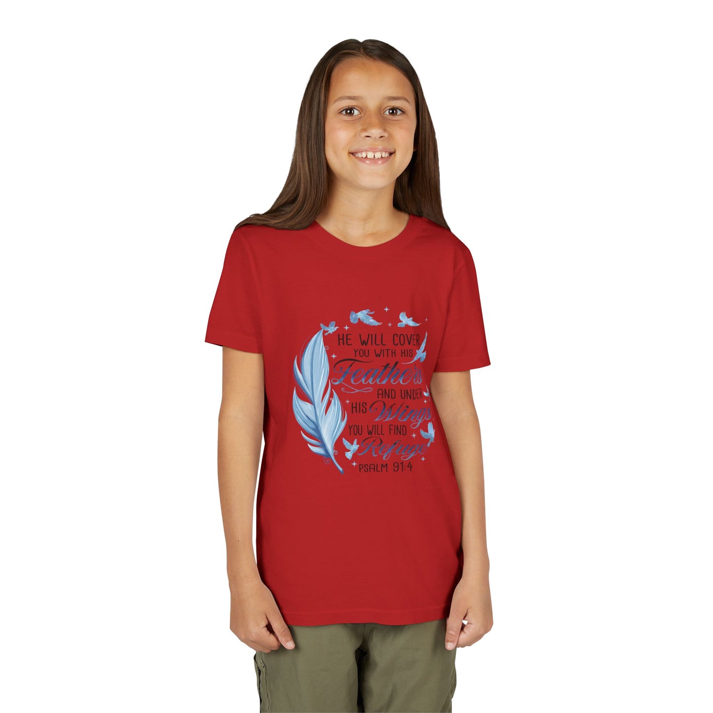 "He Will Cover You With His Feathers" Psalm 91:4 Kids T‑Shirt