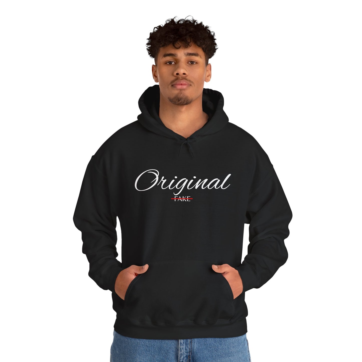 Hoodie — "Original" Script Design with Red "Fake" Accent