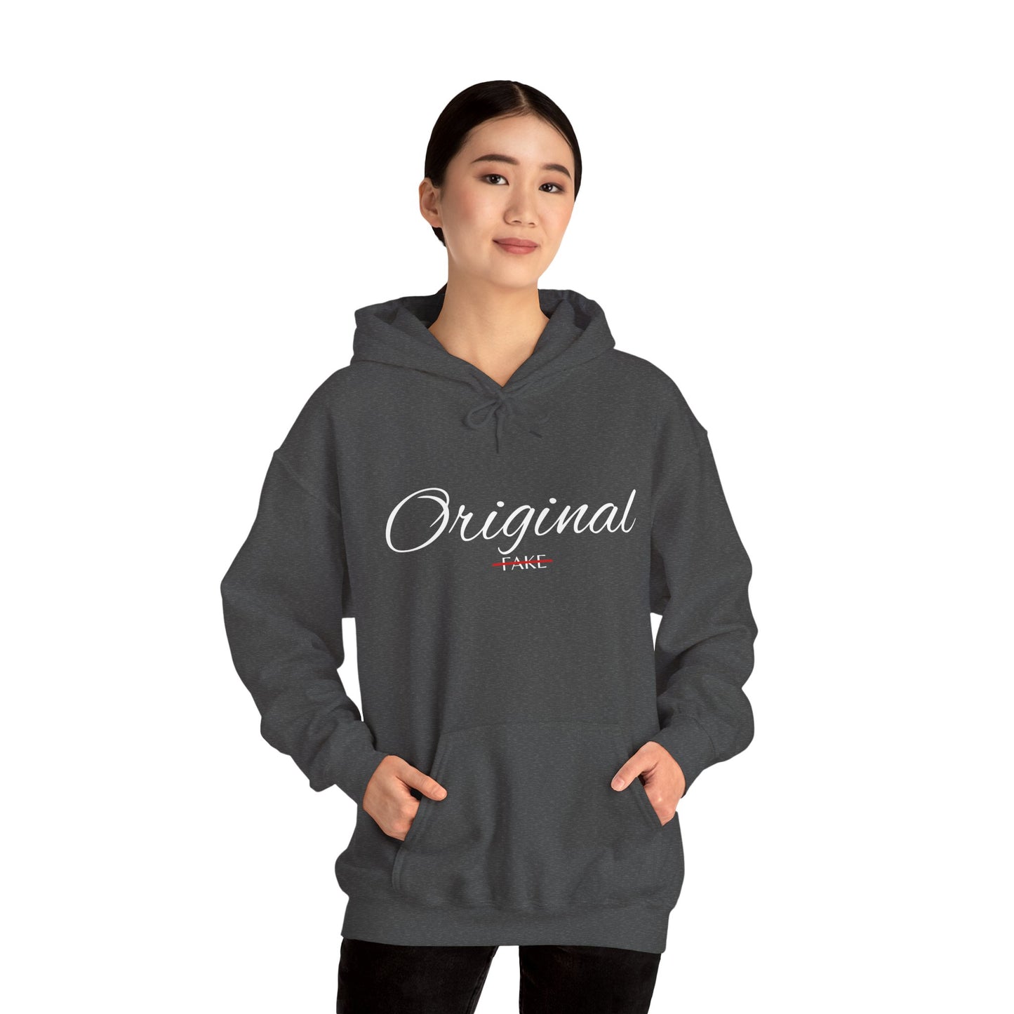 Hoodie — "Original" Script Design with Red "Fake" Accent