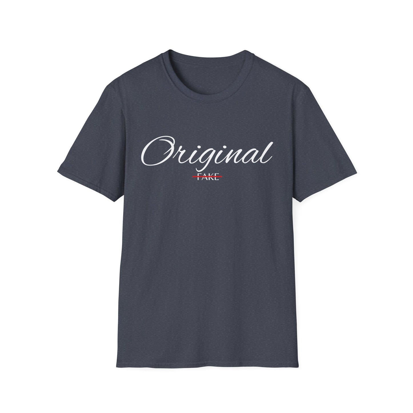 Original (crossed-out 'Fake') T-Shirt — Vintage Script Graphic Tee