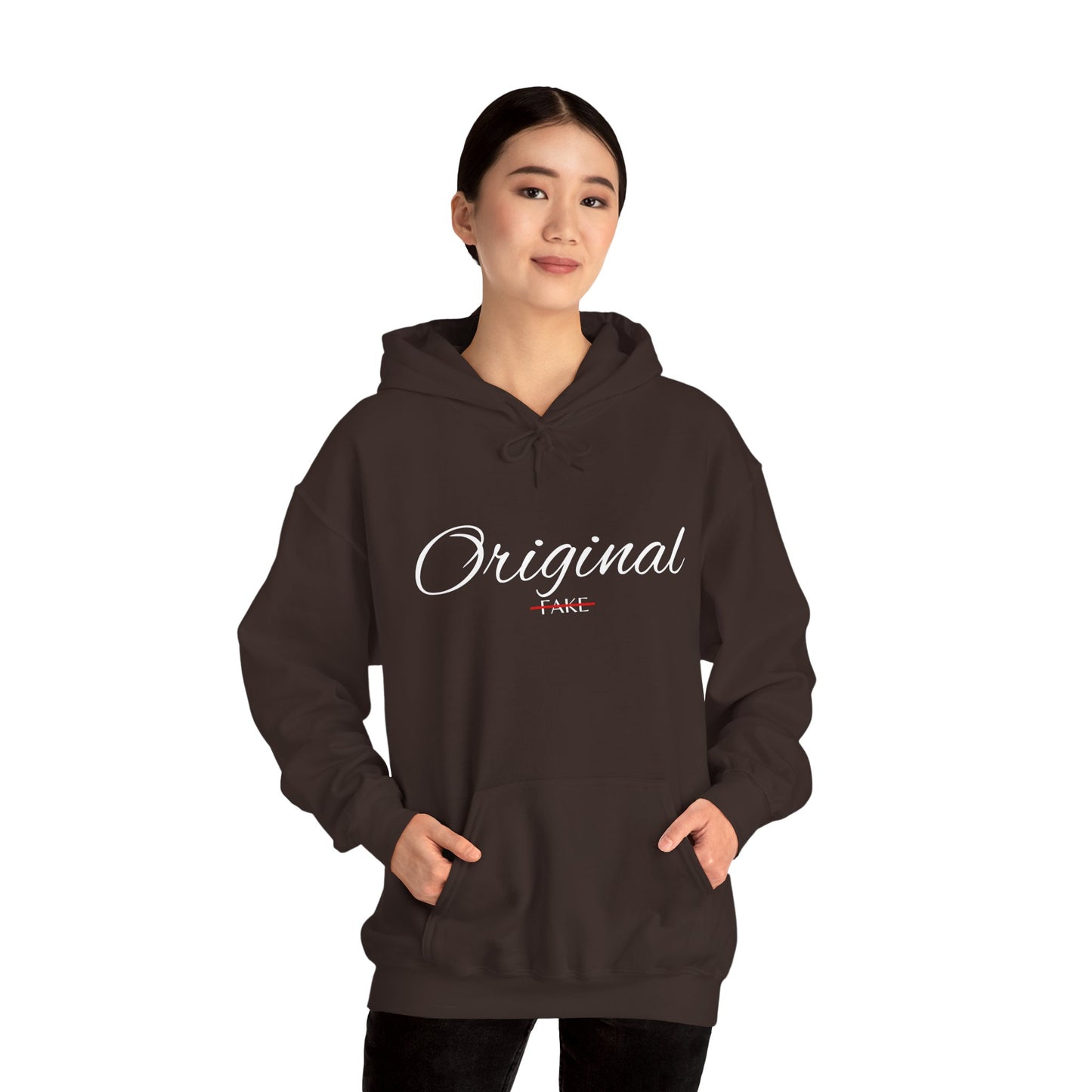 Hoodie — "Original" Script Design with Red "Fake" Accent