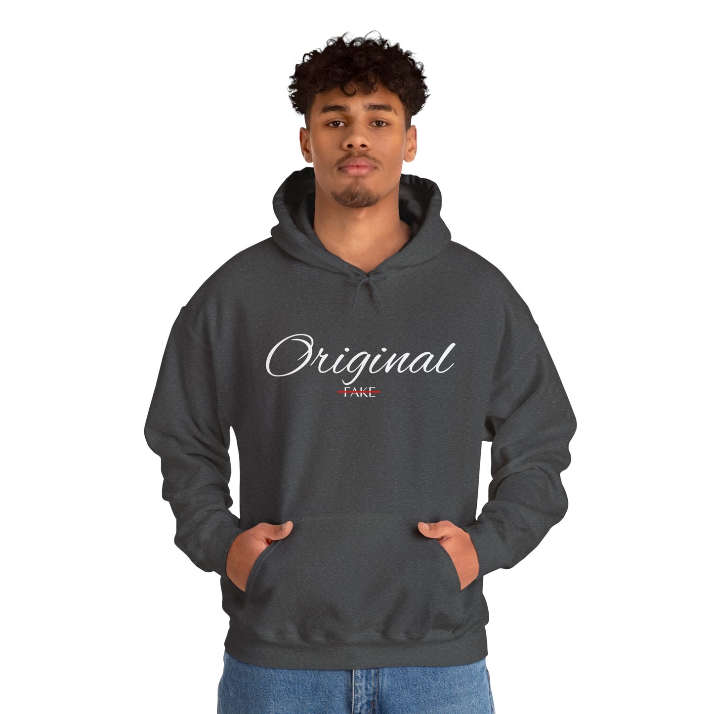 Hoodie — "Original" Script Design with Red "Fake" Accent