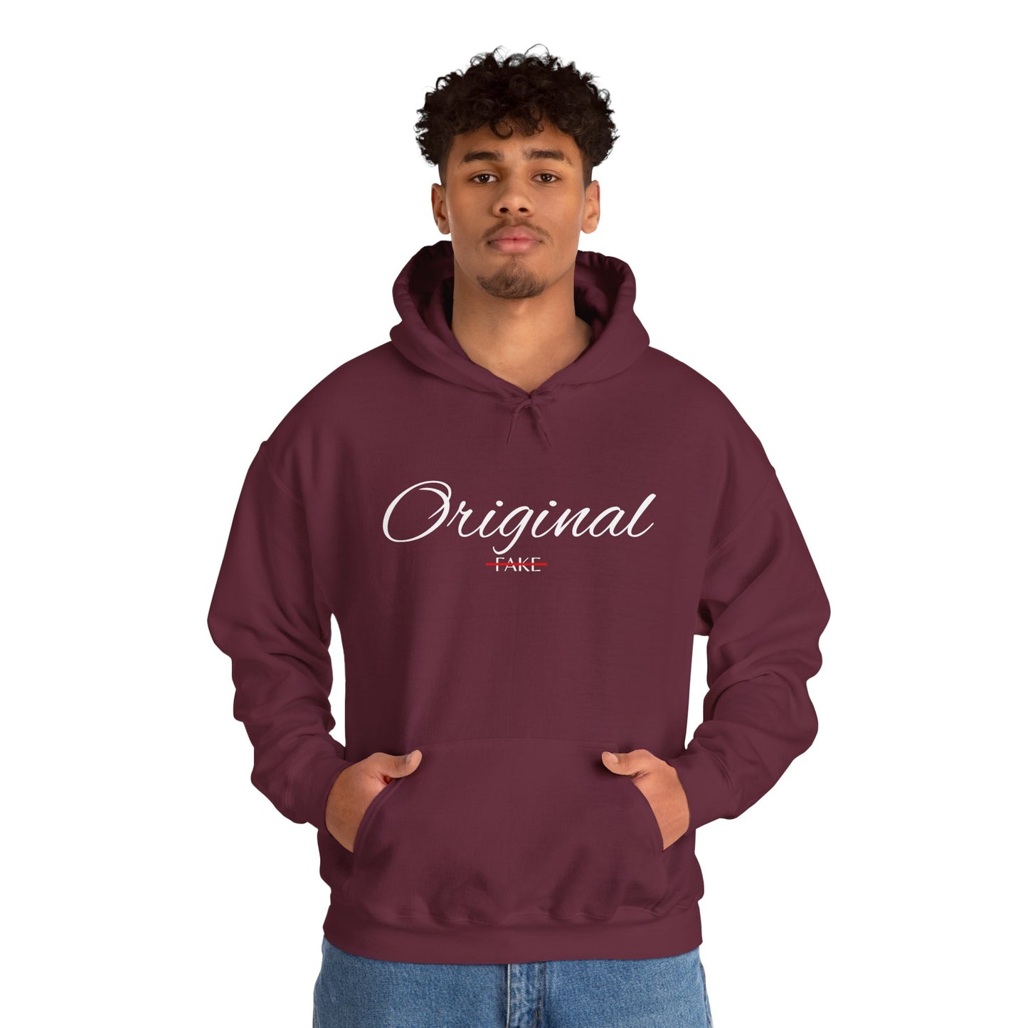 Hoodie — "Original" Script Design with Red "Fake" Accent