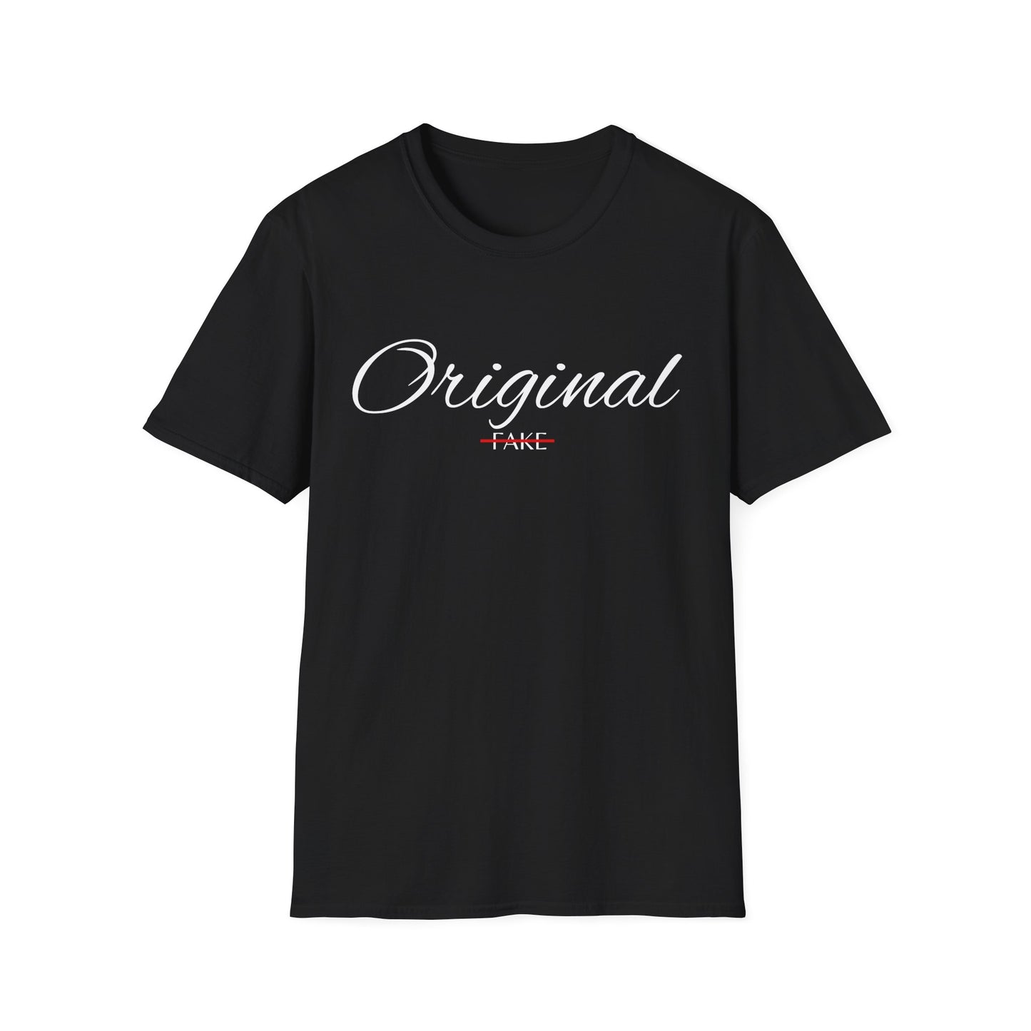 Original (crossed-out 'Fake') T-Shirt — Vintage Script Graphic Tee
