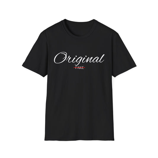 Original (crossed-out 'Fake') T-Shirt — Vintage Script Graphic Tee