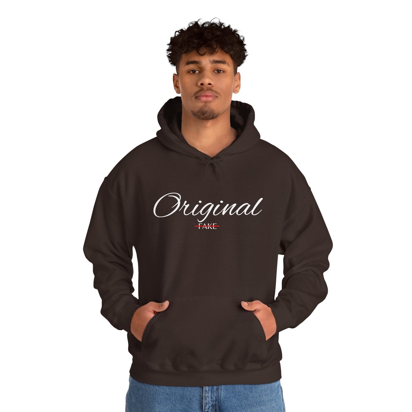 Hoodie — "Original" Script Design with Red "Fake" Accent