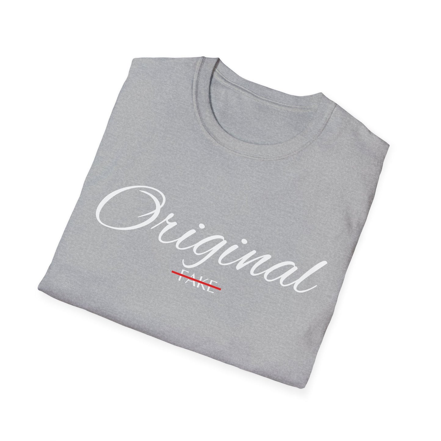 Original (crossed-out 'Fake') T-Shirt — Vintage Script Graphic Tee