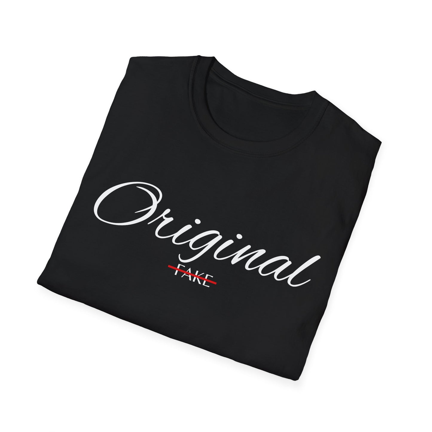 Original (crossed-out 'Fake') T-Shirt — Vintage Script Graphic Tee