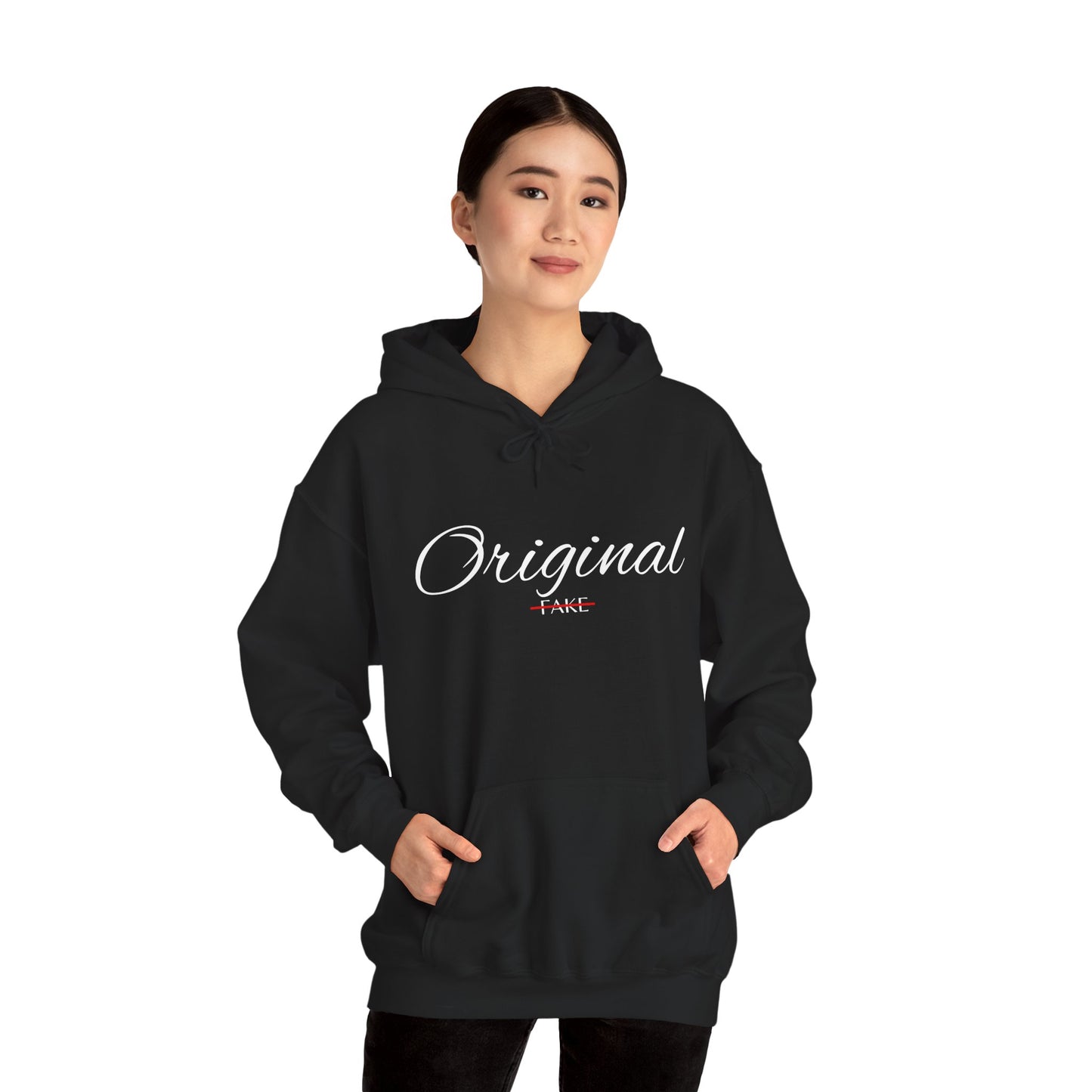 Hoodie — "Original" Script Design with Red "Fake" Accent