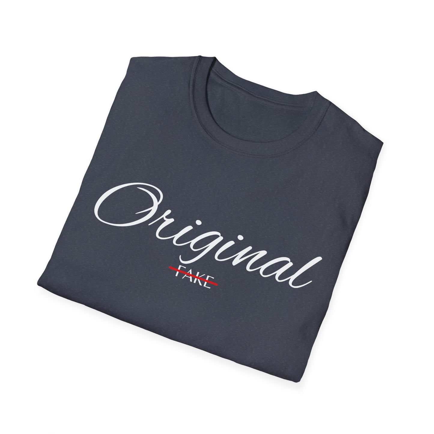 Original (crossed-out 'Fake') T-Shirt — Vintage Script Graphic Tee