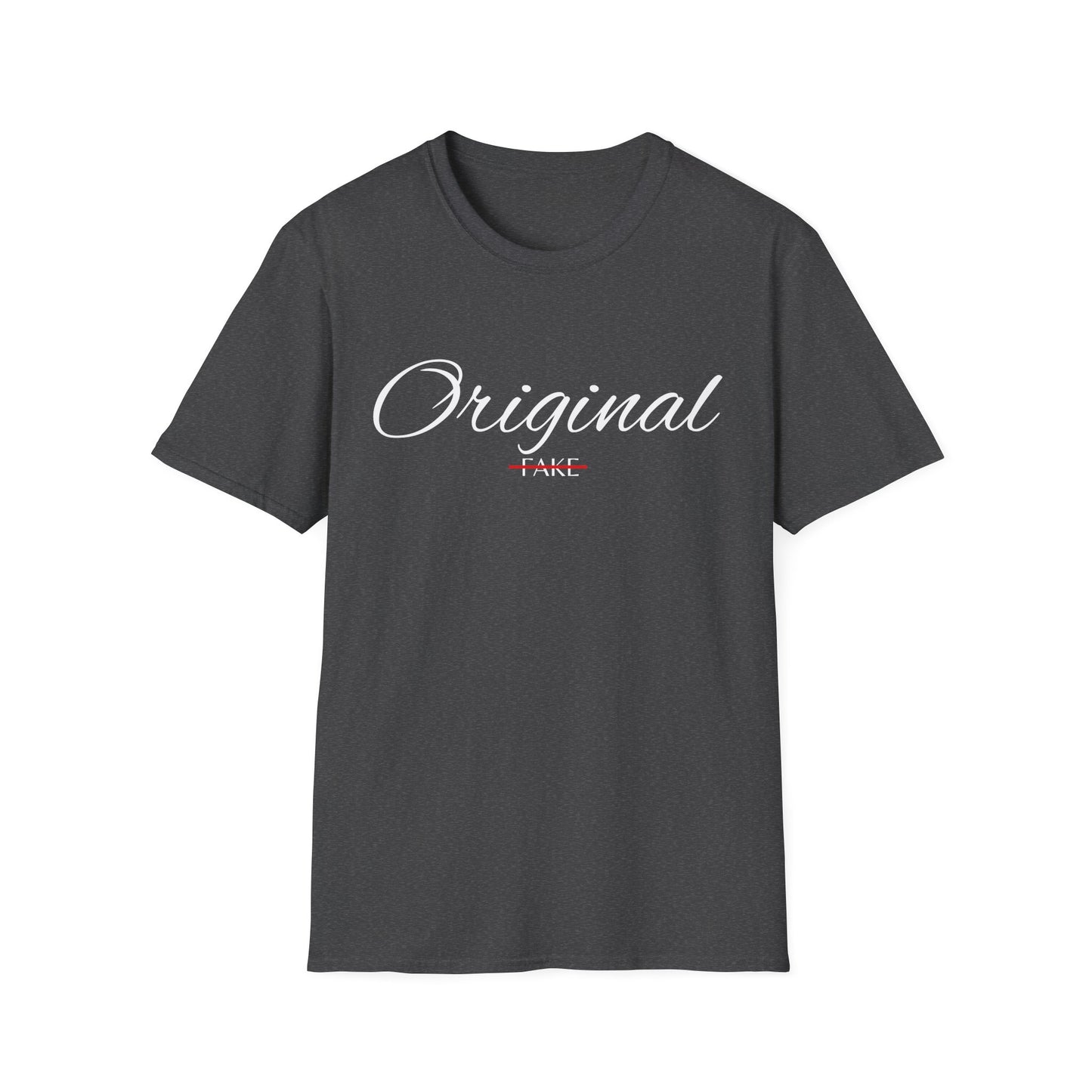 Original (crossed-out 'Fake') T-Shirt — Vintage Script Graphic Tee