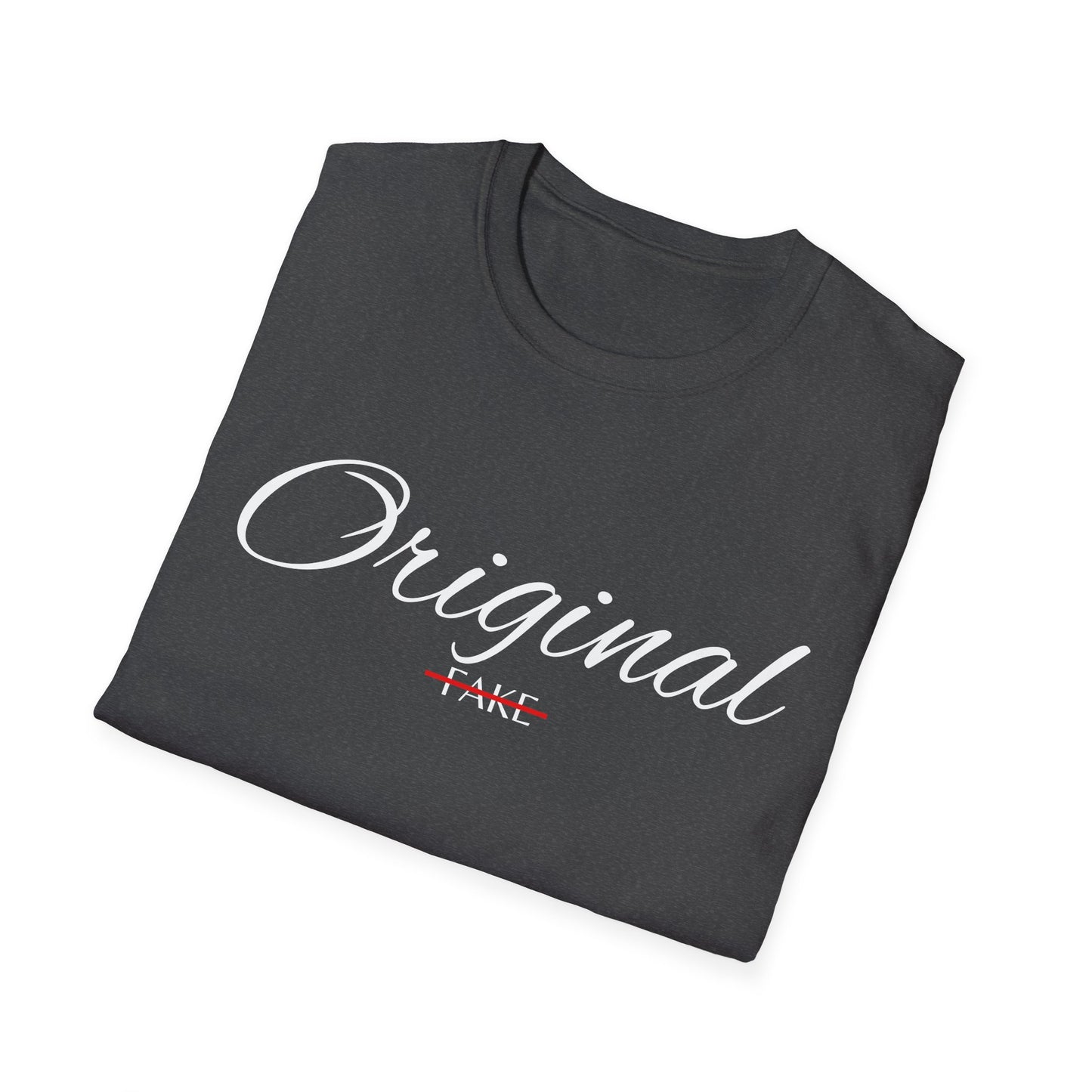 Original (crossed-out 'Fake') T-Shirt — Vintage Script Graphic Tee