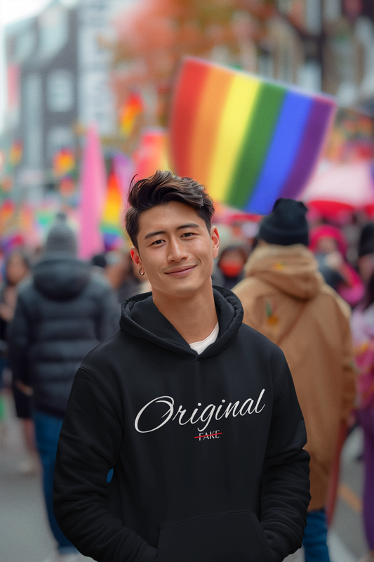 Hoodie — "Original" Script Design with Red "Fake" Accent